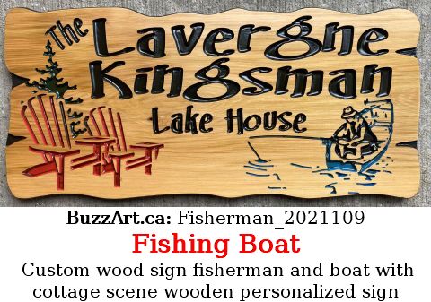 Custom wood sign fisherman and boat with cottage scene wooden personalized sign
